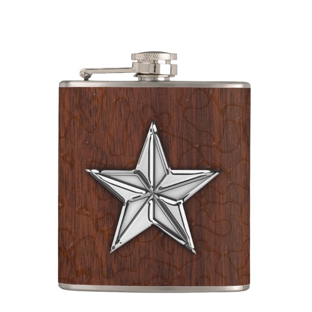 Chrome Nautical Star on Wet Mahogany Print Hip Flask (Front)