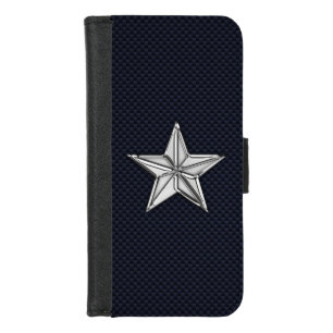 Chrome Nautical Star Print on Navy Carbon Fiber iPhone 8/7 Wallet Case