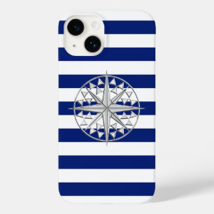 Chrome Nautical Star Print on Navy Stripes Case-Mate iPhone 14 Case