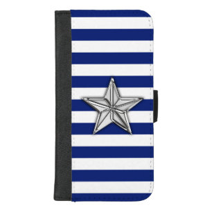 Chrome Nautical Star Print on Navy Stripes iPhone 8/7 Plus Wallet Case