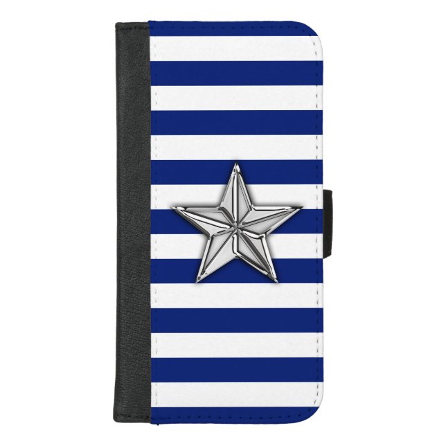 Chrome Nautical Star Print on Navy Stripes iPhone Wallet Case (Front)