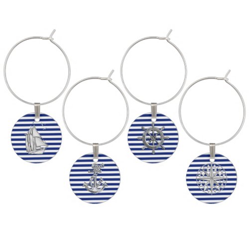 Chrome Nautical Theme on Navy Stripes Wine Glass Charm