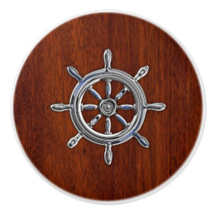 Chrome Nautical Wheel Mahogany Grain Print Ceramic Knob