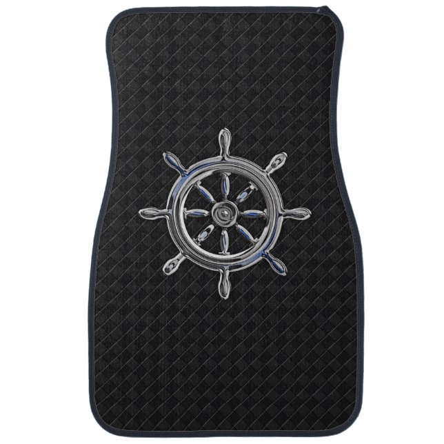 Chrome Nautical Wheel on Black Checkers Print Car Floor Mat (Front)