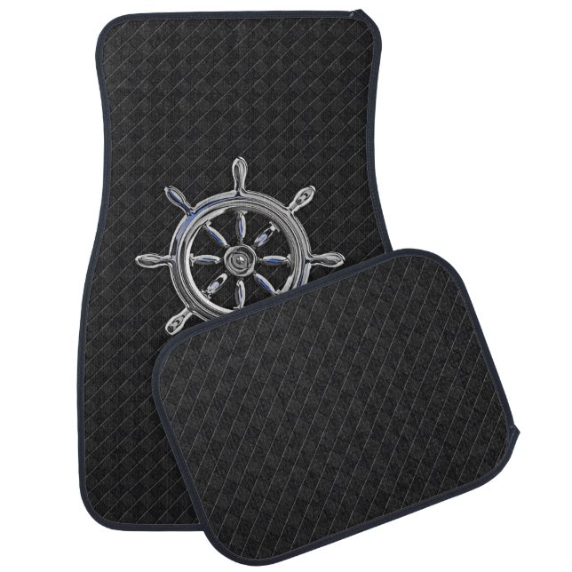 Chrome Nautical Wheel on Black Checkers Print Car Mat (Set)