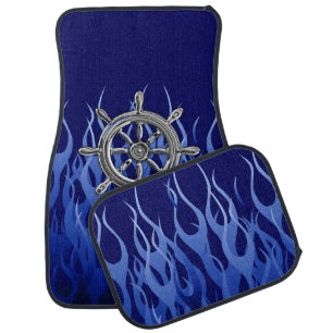 Chrome Nautical Wheel on Blue Flames Print Car Mat