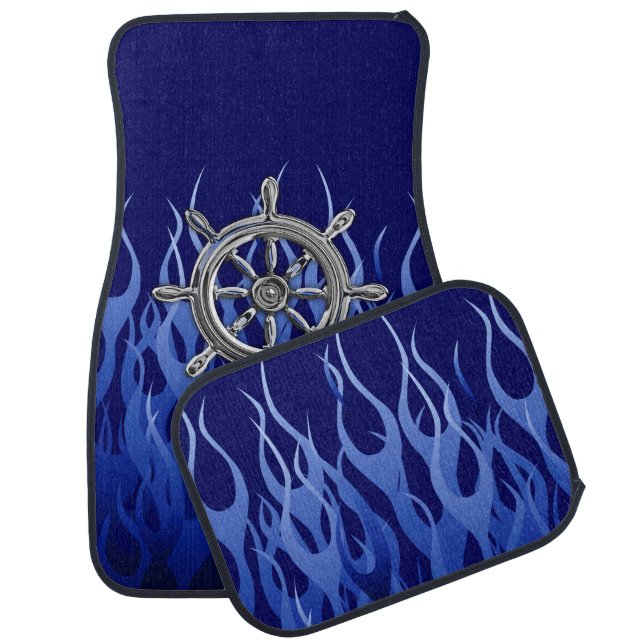 Chrome Nautical Wheel on Blue Flames Print Car Mat (Set)