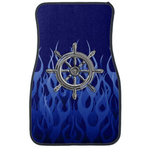 Chrome Nautical Wheel on Blue Flames Print Car Mat