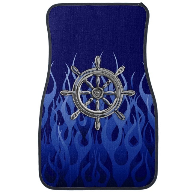 Chrome Nautical Wheel on Blue Flames Print Car Mat (Front)