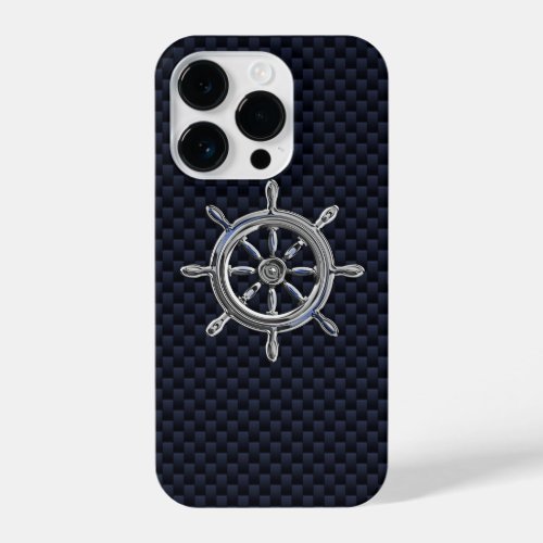 Chrome Nautical Wheel on Carbon Fiber Print iPhone 14 Pro Case