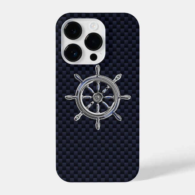 Chrome Nautical Wheel on Carbon Fiber Print iPhone Case (Back)