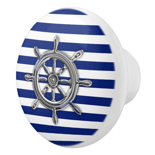 Chrome Nautical Wheel on Navy Blue Stripes Print Ceramic Knob (Right)