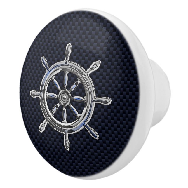 Chrome Nautical Wheel on Navy Carbon Fiber Print Ceramic Knob (Right)