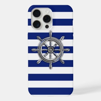 Chrome Nautical Wheel On Navy Stripes Iphone 15 Pro Max Case by CaptainShoppe at Zazzle