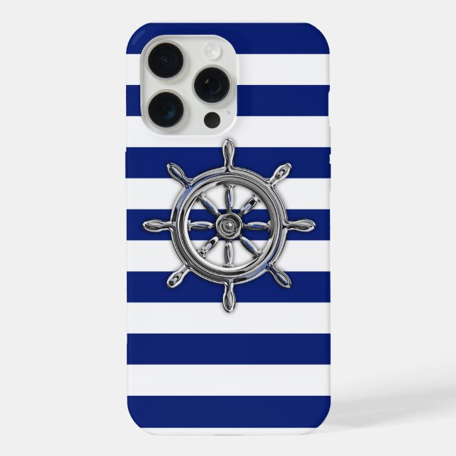 Chrome Nautical Wheel on Navy Stripes iPhone Case (Back)
