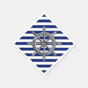 Chrome Nautical Wheel on Navy Stripes Print Paper Napkins