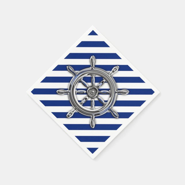 Chrome Nautical Wheel on Navy Stripes Print Paper Napkins (Corner)