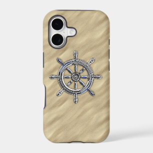 Chrome Nautical Wheel on Sandy Beach Print iPhone 17 Case
