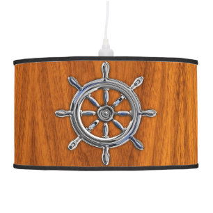 Chrome Nautical Wheel on Teak Veneer Pendant Lamp