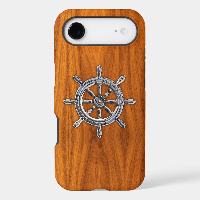 Chrome Nautical Wheel on Teak Veneer Print Case-Mate iPhone Case (Back)
