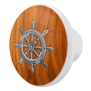 Chrome Nautical Wheel on Teak Wood Grain Print Ceramic Knob