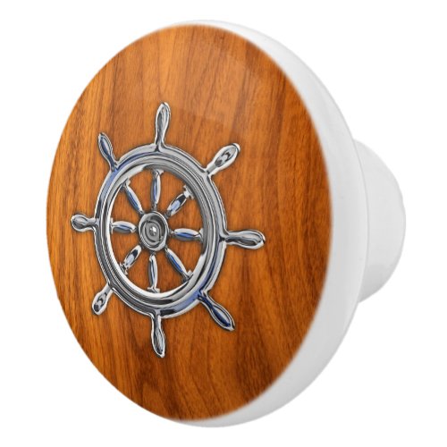 Chrome Nautical Wheel on Teak Wood Grain Print Ceramic Knob