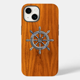 Chrome Nautical Wheel on Teak Wood Print Case-Mate iPhone 14 Case