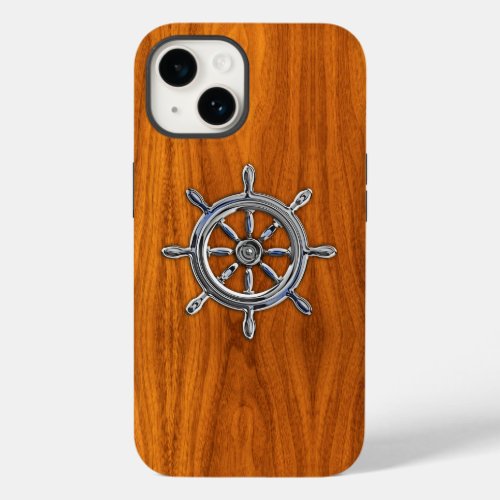 Chrome Nautical Wheel on Teak Wood Print Case_Mate iPhone 14 Case