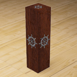 Chrome Nautical Wheel on Wet Mahogany Veneer Print Wine Box