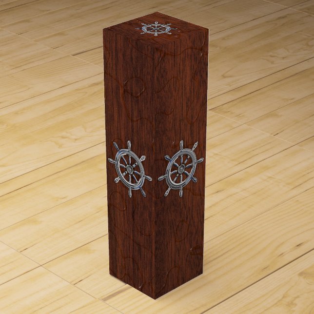Chrome Nautical Wheel on Wet Mahogany Veneer Print Wine Box (Back)