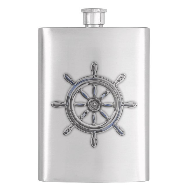 Chrome Nautical Wheel Print Flask (Front)