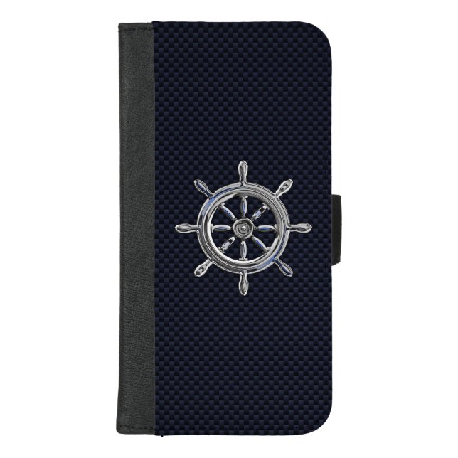 Chrome Nautical Wheel Print on Navy Carbon Fiber iPhone Wallet Case (Front)