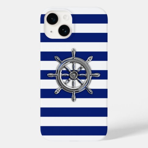 Chrome Nautical Wheel Print on Navy Stripes Case_Mate iPhone 14 Case