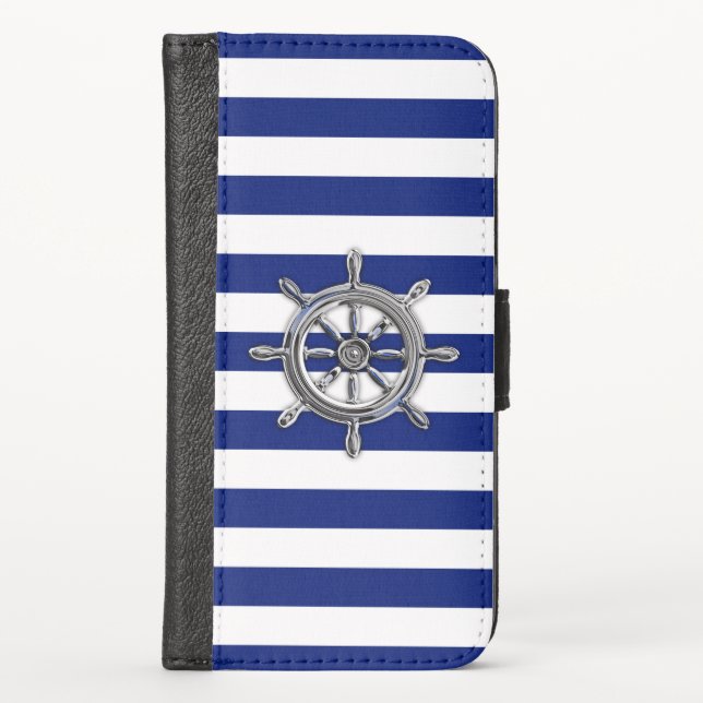 Chrome Nautical Wheel Print on Navy Stripes iPhone Wallet Case (Front)