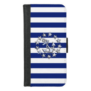 Chrome Nautical Yacht Flag Print on Navy Stripes iPhone 8/7 Wallet Case