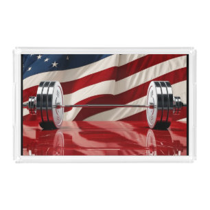 Chrome Olympic Barbell Set U.S. Flag Background Acrylic Tray