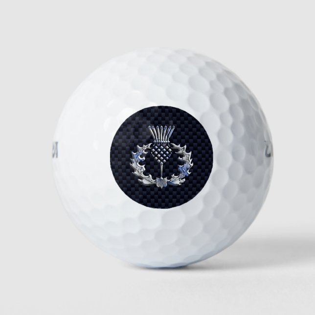 Chrome on Carbon Fiber Print Scottish Thistle Golf Balls (Front)