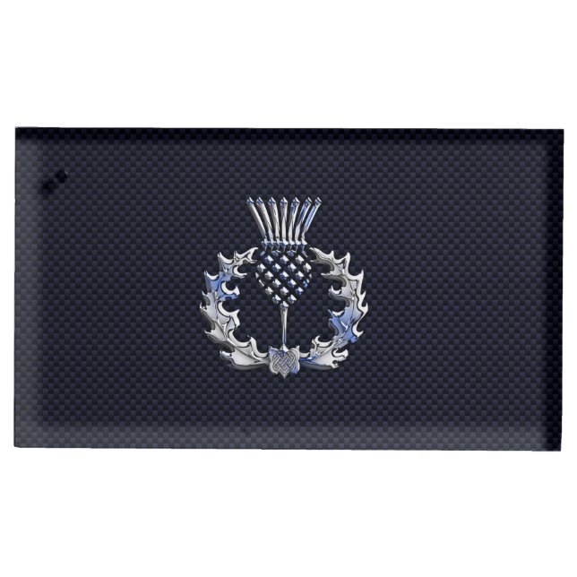 Chrome on Carbon Fiber Print Scottish Thistle Table Number Holder (Front)