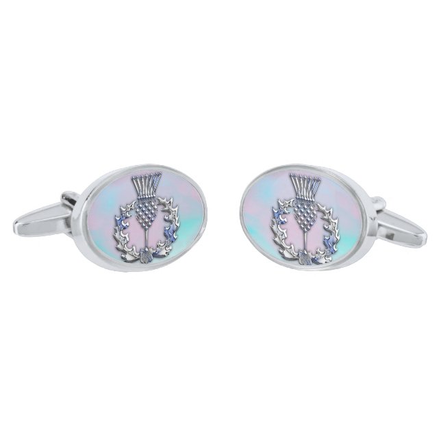 Chrome on Mother of Pearl Print Scottish Thistle Cufflinks (Angled)