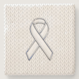 Chrome on White Chevrons Ribbon Awareness Print Stone Coaster
