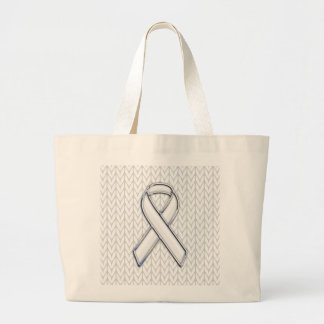 Chrome on White Knitting Ribbon Awareness Print Large Tote Bag