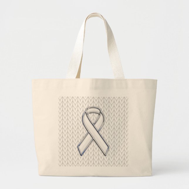 Chrome on White Knitting Ribbon Awareness Print Large Tote Bag (Front)