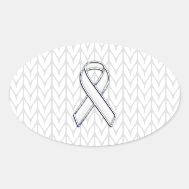 Chrome on White Knitting Ribbon Awareness Print Oval Sticker (Front)