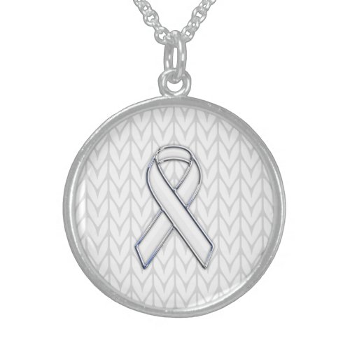 Chrome on White Knitting Ribbon Awareness Print Sterling Silver Necklace