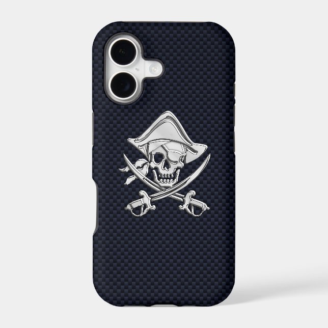 Chrome Pirate Crossbones on Carbon Fiber Case-Mate iPhone Case (Back)