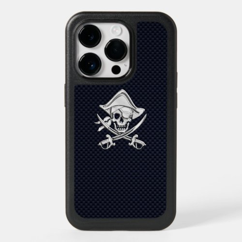 Chrome Pirate Crossbones on Carbon Fiber Print OtterBox iPhone 14 Pro Case