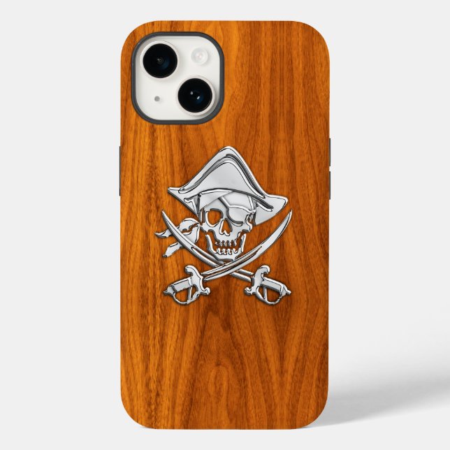 Chrome Pirate Crossbones on Teak Wood Case-Mate iPhone Case (Back)