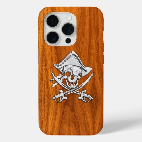 Chrome Pirate Crossbones on Teak Wood iPhone 15 Pro Case