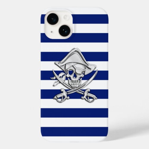 Chrome Pirate Crossbones Print on Navy Stripes Case_Mate iPhone 14 Case
