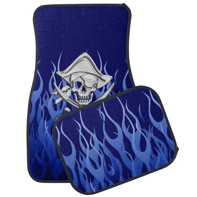 Chrome Pirate Nautical on Blue Flames Print Car Mat (Set)